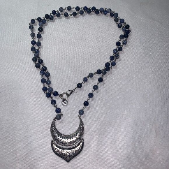 Marlyn Schiff Beaded Pendent boho Necklace Natural Stone beads dark blue/light - Picture 4 of 6